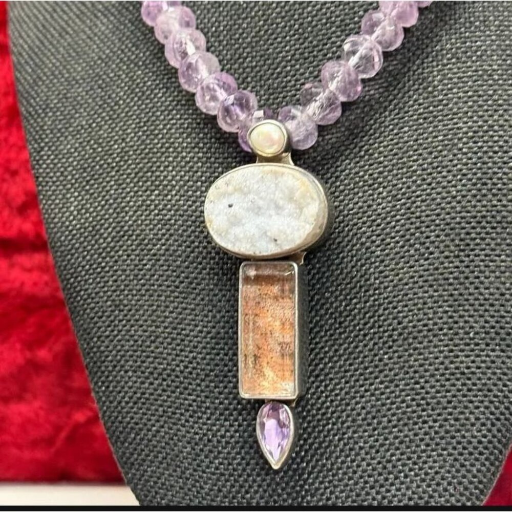 Echo of the Dreamer Necklace Faceted Amethyst Beads Druzy Quartz Pearl 18" - Picture 2 of 6